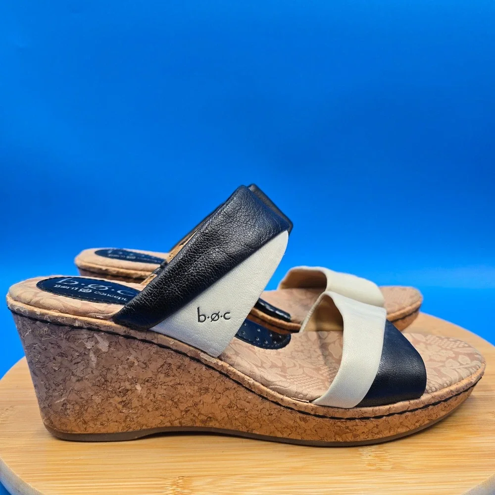 B.O.C. Born Concept Leather Wedge Sandals Black Cream‎ Cork Size 9 C57011